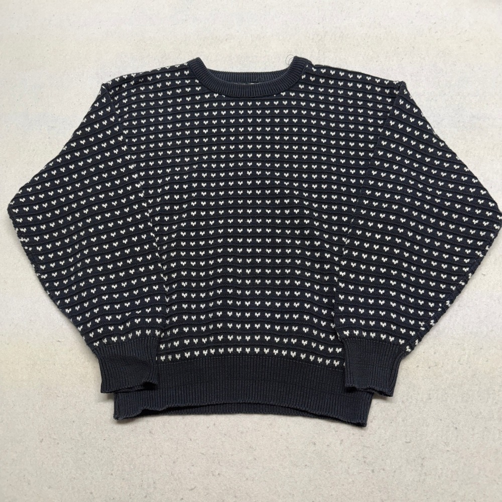Vintage 90s Birds Eye Knit Sweater Navy Blue White Boxy Fit Preppy Skater L
